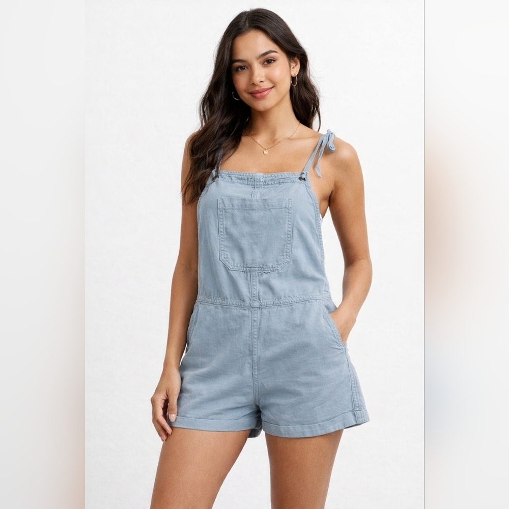 Aeropostale Pale Blue Denim Tie-Strap Short Overalls